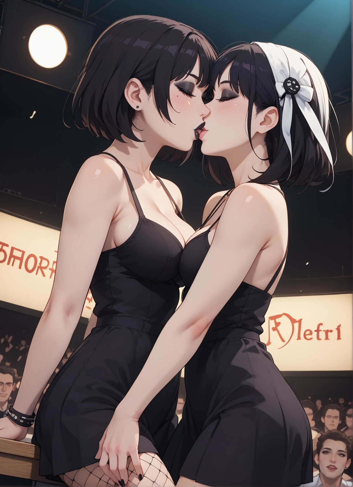 breasts, multiple girls, 2girls, mole, dress, kiss · Yamete.gg