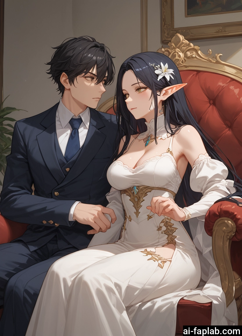 1girl, breasts, 1boy, dress, pointy ears, black hair