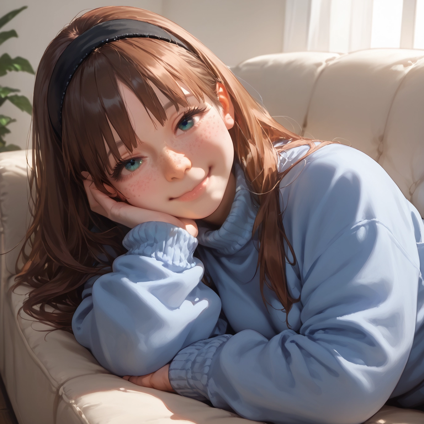 1girl, solo, brown hair, looking at viewer, hairband, freckles · Yamete.gg