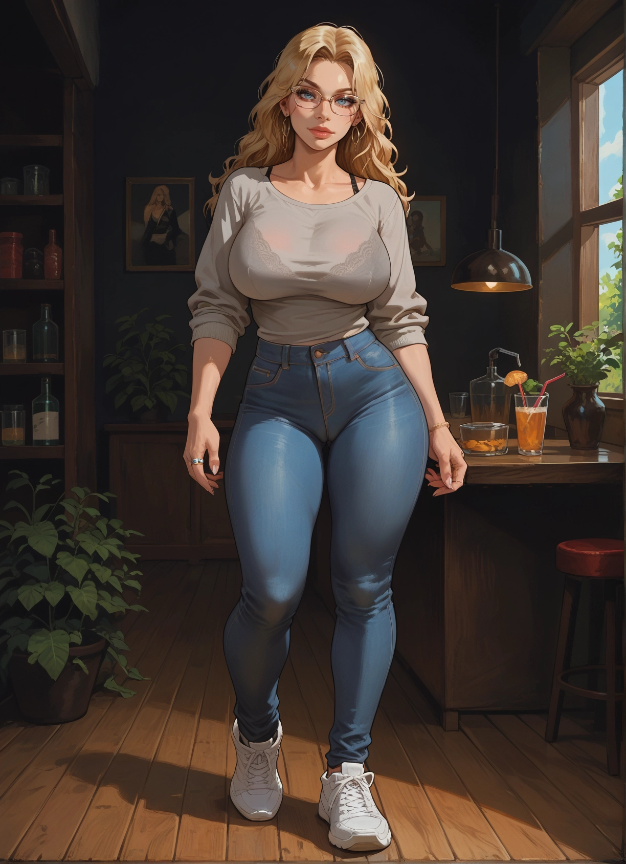 1girl, breasts, blonde hair, pants, blue eyes, jewelry · Yamete.gg