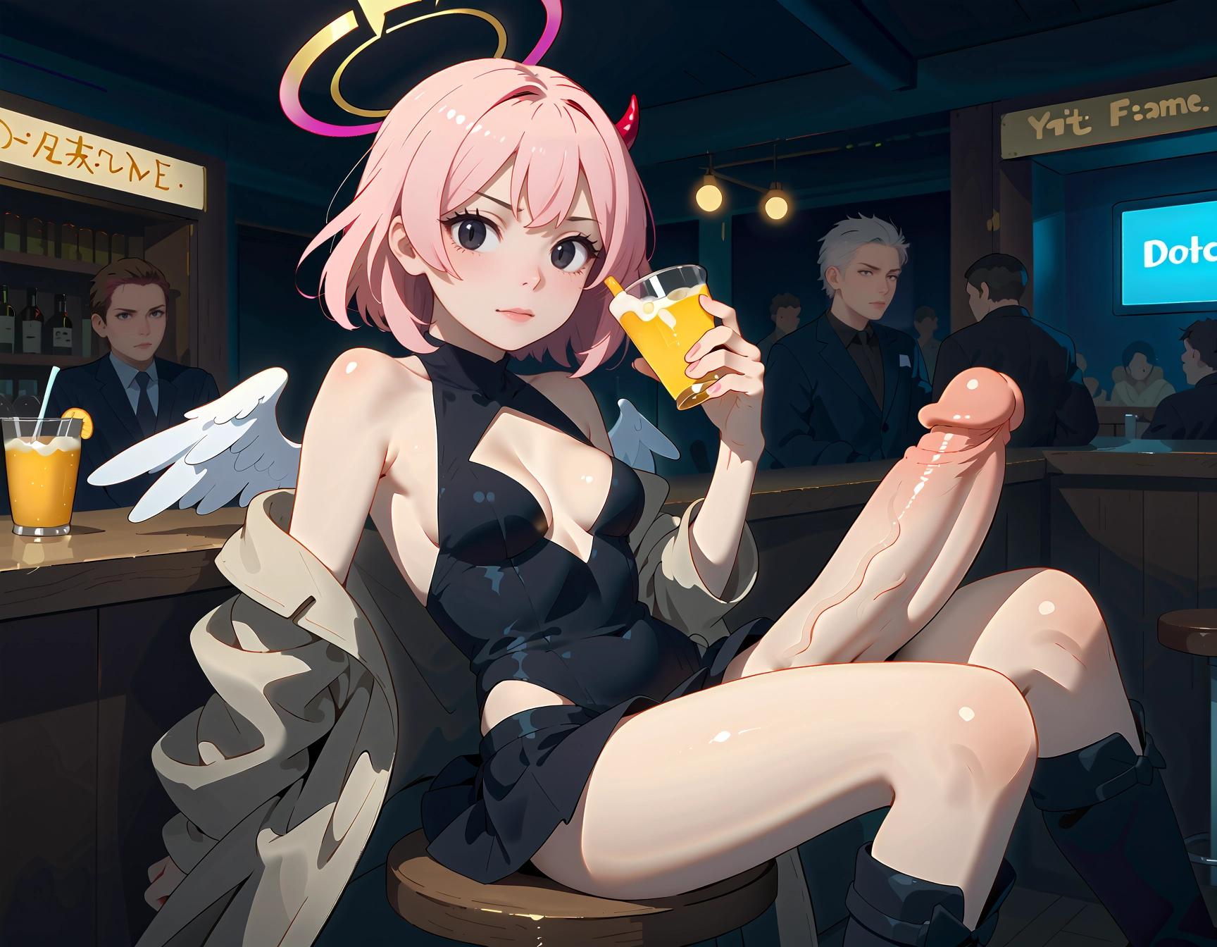 futanari, 1girl, breasts, halo, penis, sitting · Yamete.gg