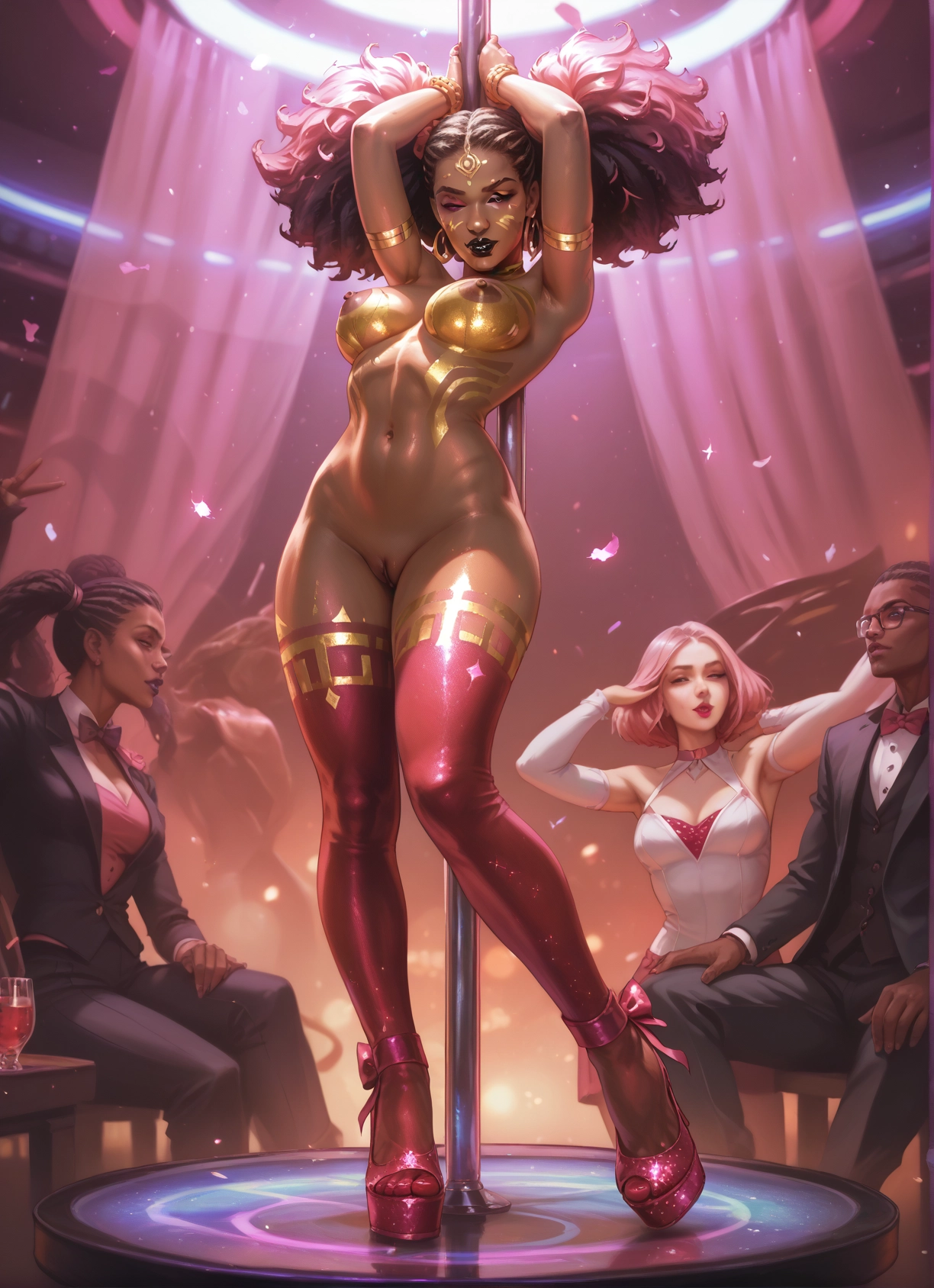 multiple girls, breasts, pussy, dark skin, jewelry, stripper pole · Yamete.gg