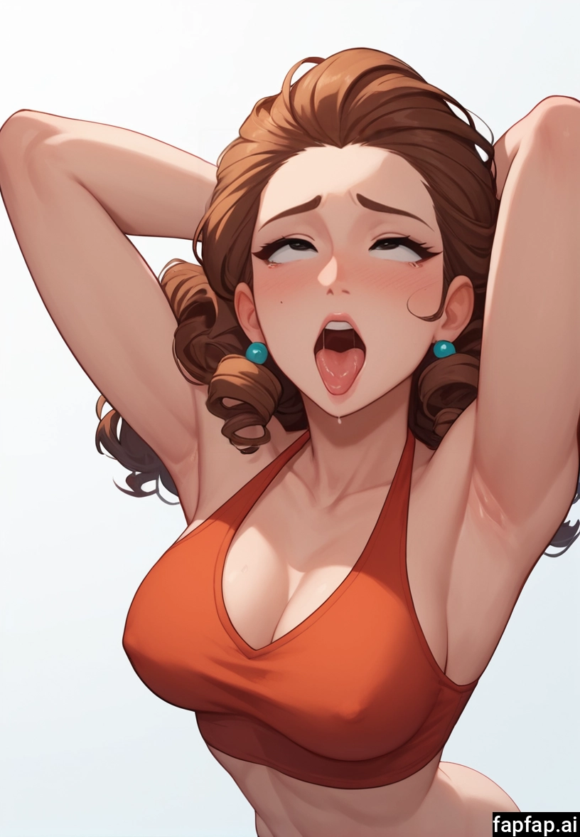 1girl, breasts, solo, armpits, ahegao, brown hair