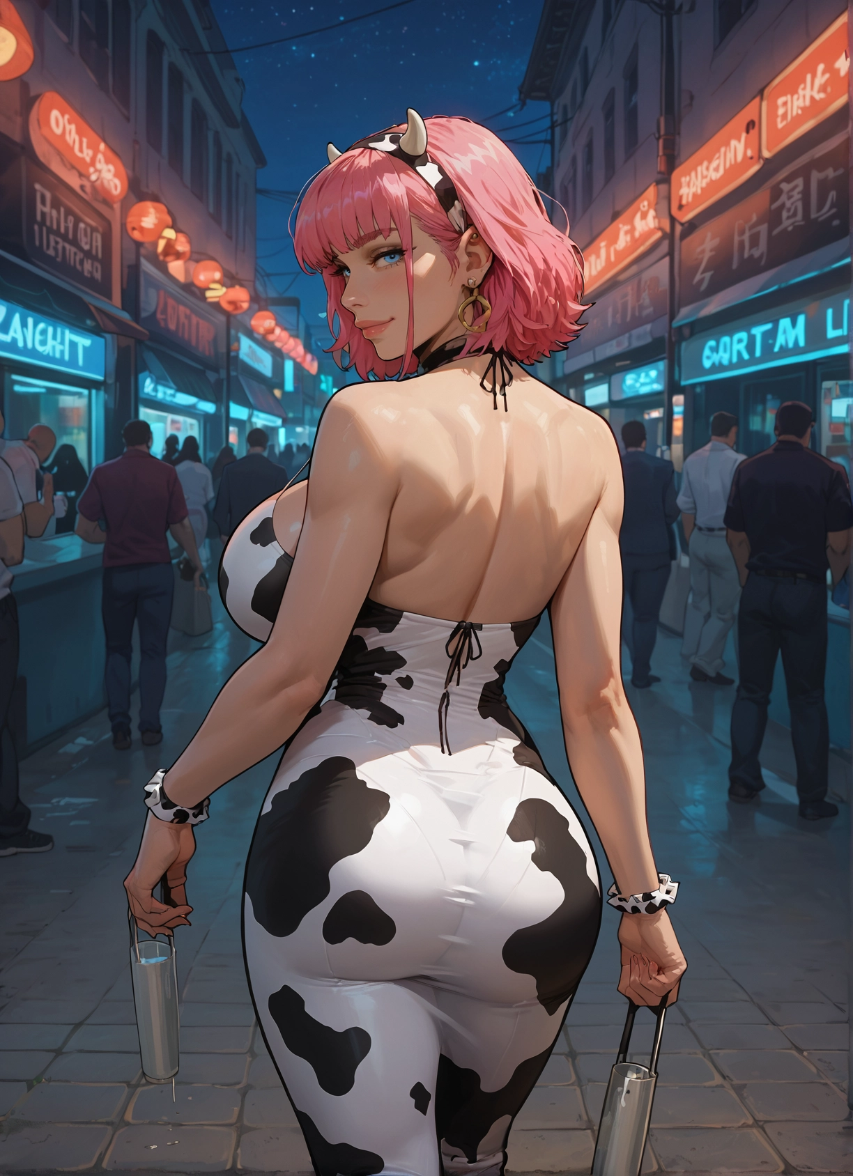 ass, breasts, animal print, pink hair, cow print, jewelry · Yamete.gg