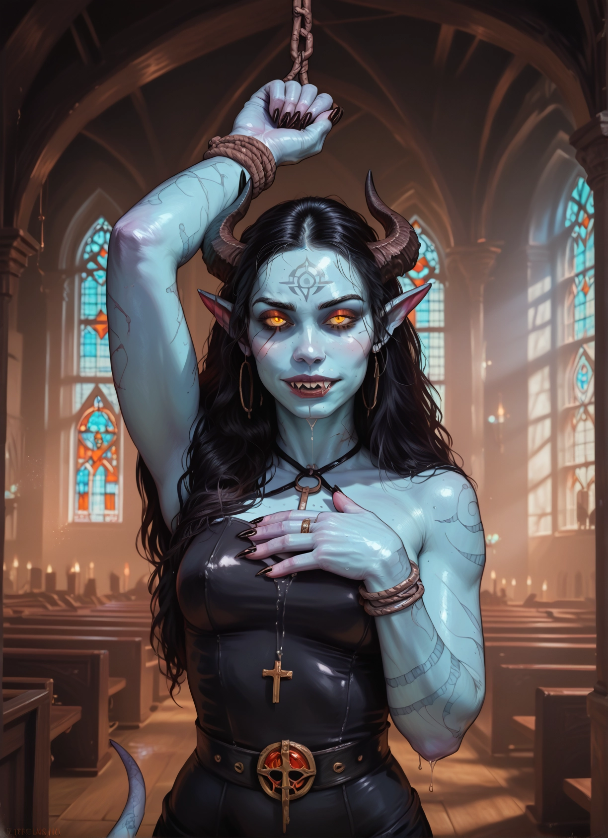 1girl, horns, jewelry, solo, colored skin, cross · Yamete.gg