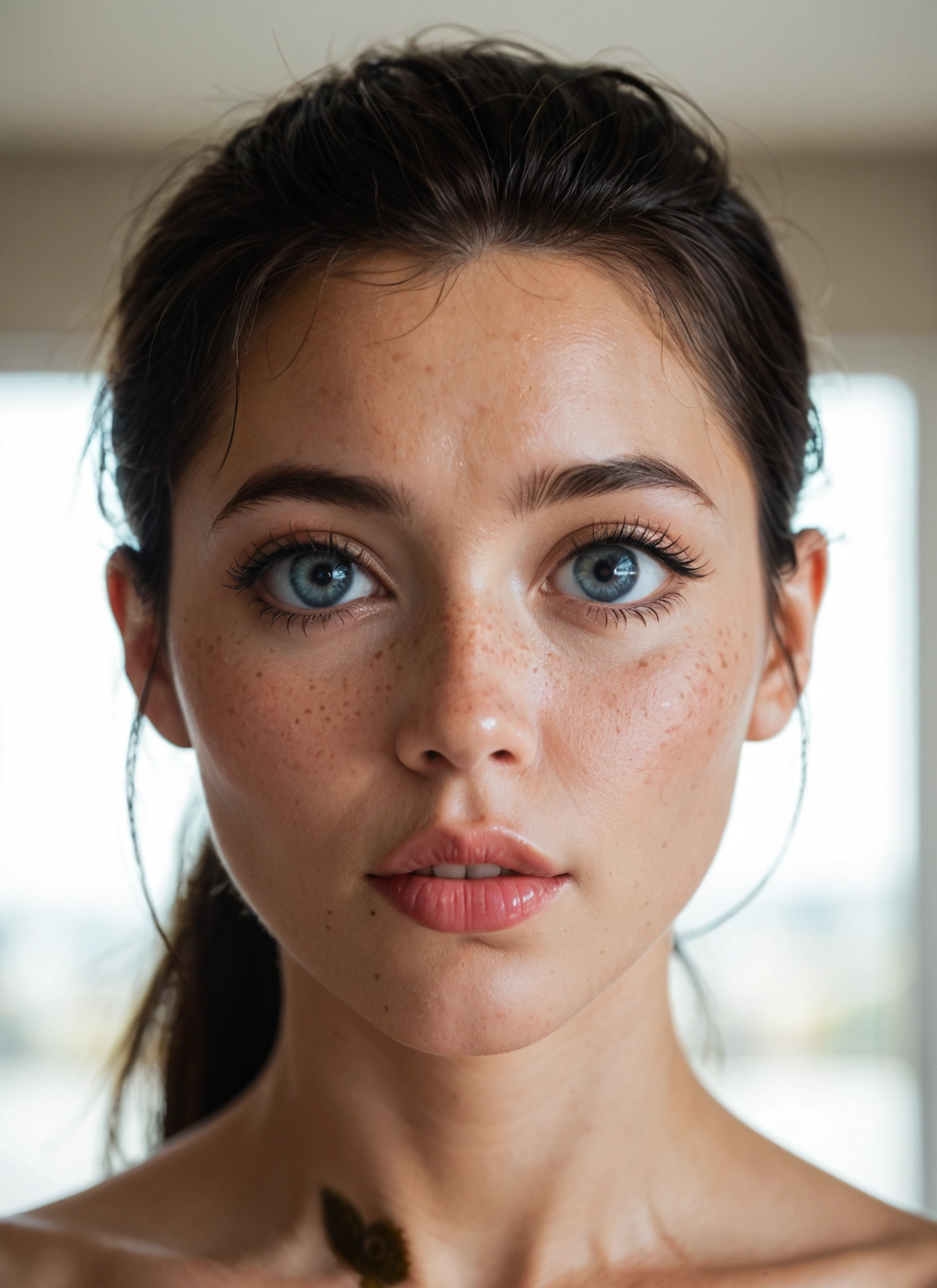 1girl, solo, realistic, blue eyes, looking at viewer, freckles · Yamete.gg