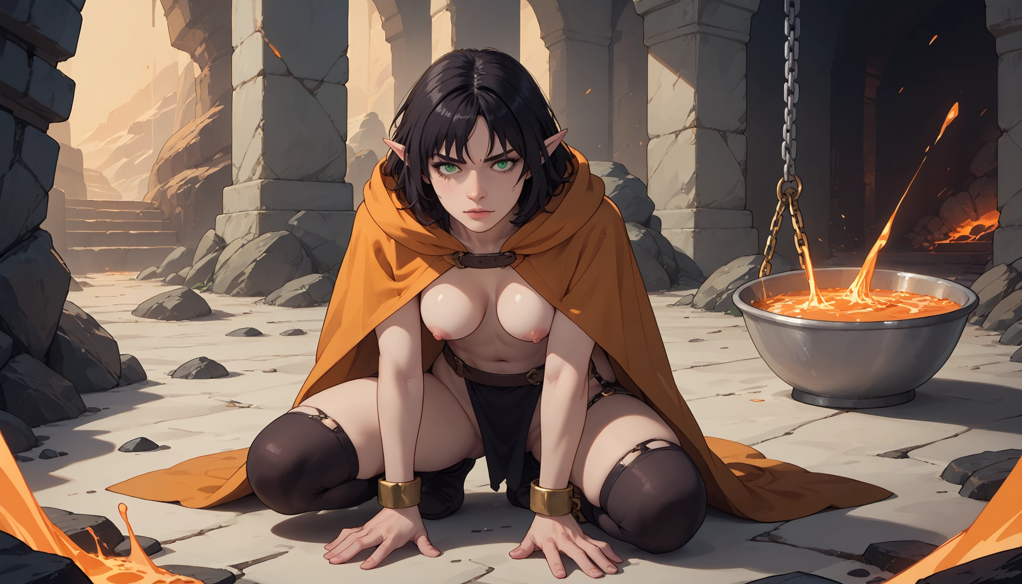 1girl, pointy ears, nipples, chain, cuffs, thighhighs · Yamete.gg