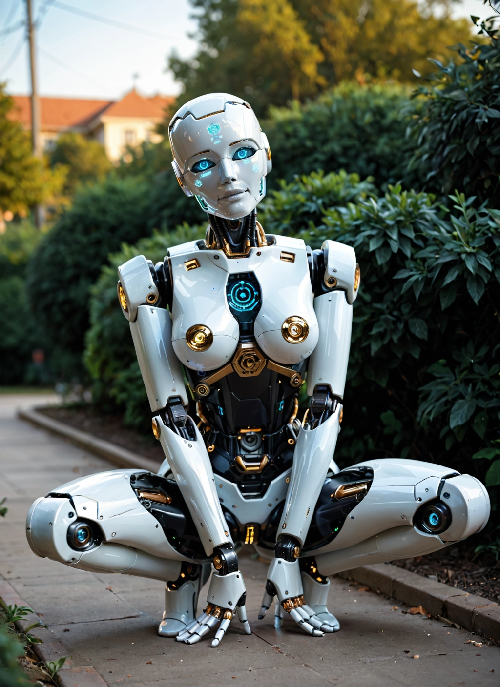 1girl, solo, squatting, humanoid robot, robot, blue eyes · Yamete.gg