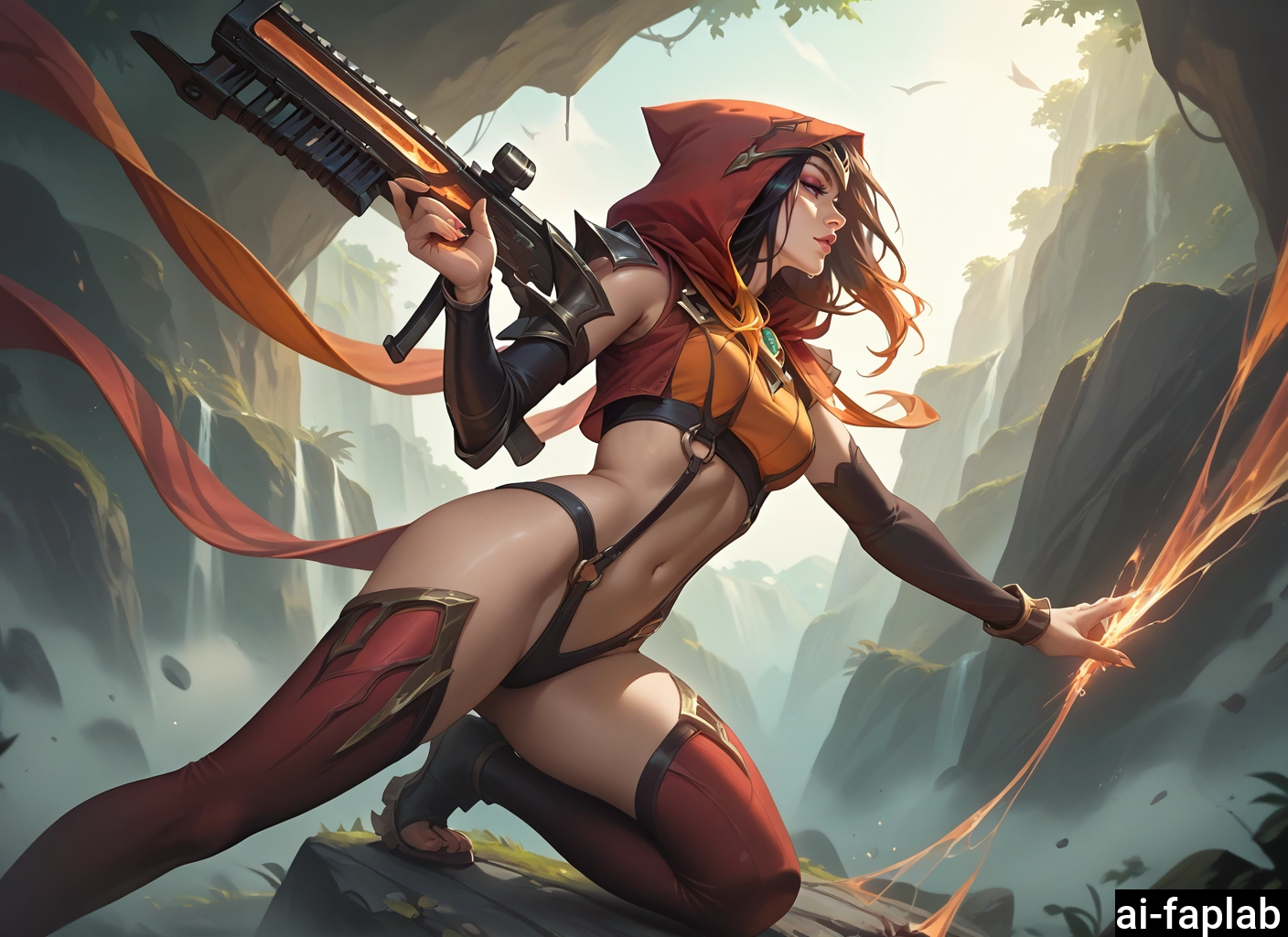 1girl, solo, weapon, navel, thighhighs, gun