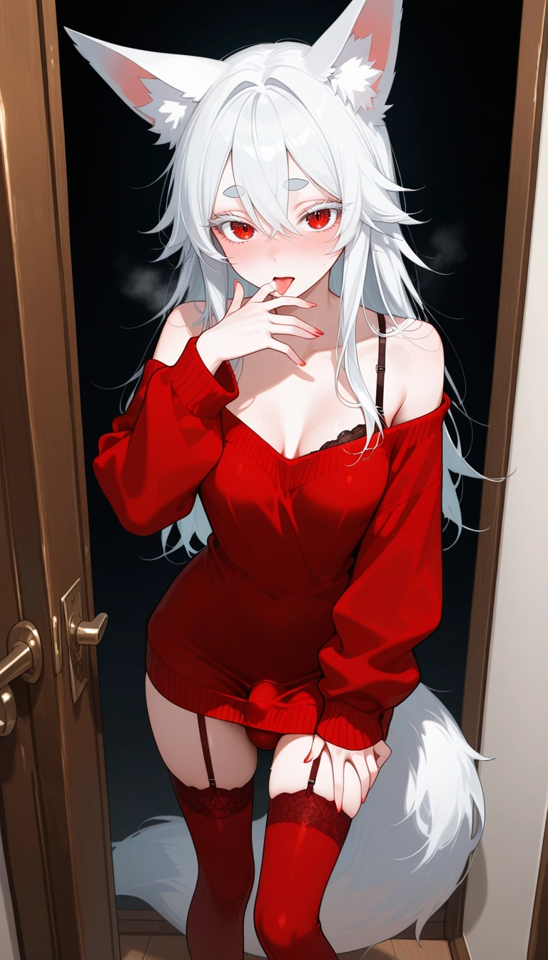 solo, underwear, red eyes, red thighhighs, animal ears, thighhighs