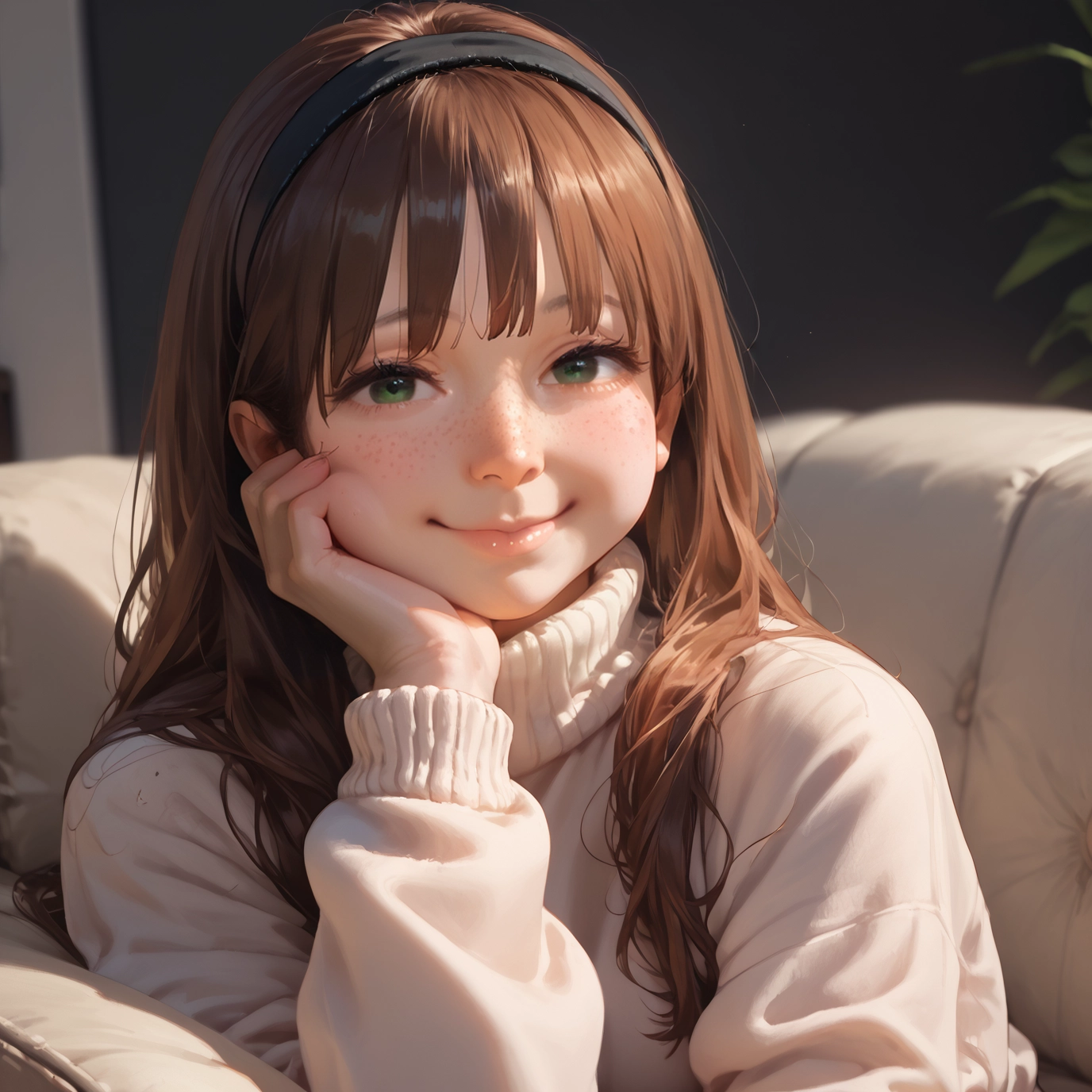 1girl, solo, green eyes, brown hair, sweater, hairband · Yamete.gg