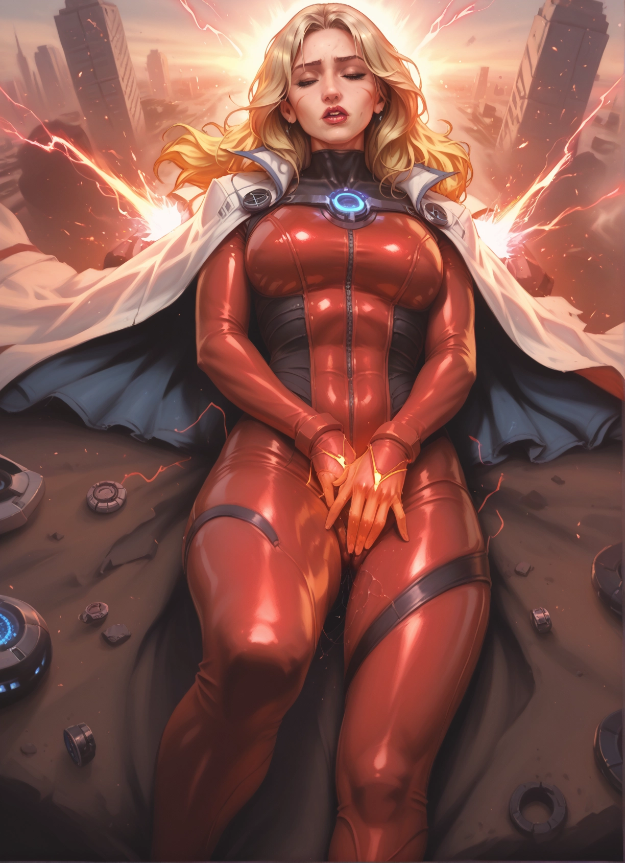 1girl, blonde hair, bodysuit, solo, breasts, closed eyes · Yamete.gg