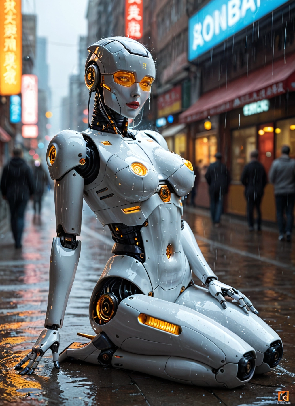 1girl, rain, breasts, sitting, humanoid robot, solo focus · Yamete.gg