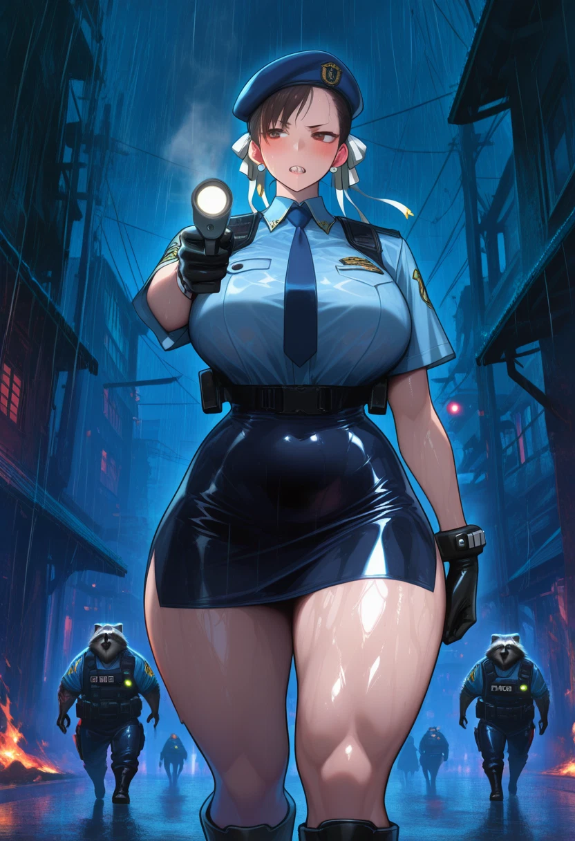 chun-li, police, police uniform, rain, 1girl, breasts · Yamete.gg