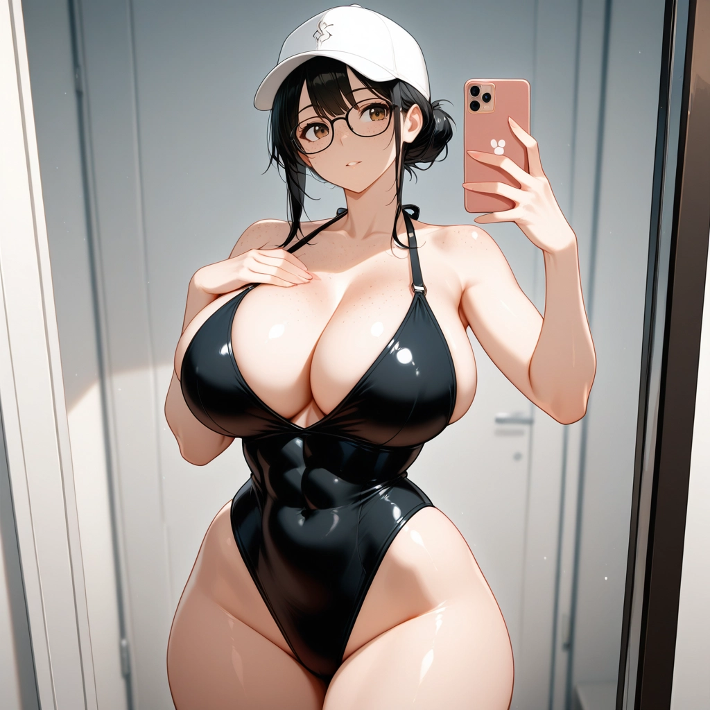 1girl, breasts, swimsuit, phone, solo, one-piece swimsuit