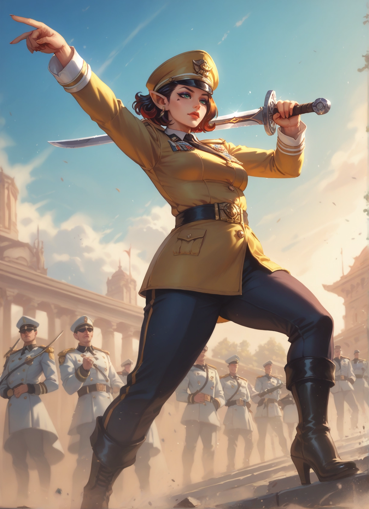 weapon, 1girl, sword, uniform, boots, military · Yamete.gg