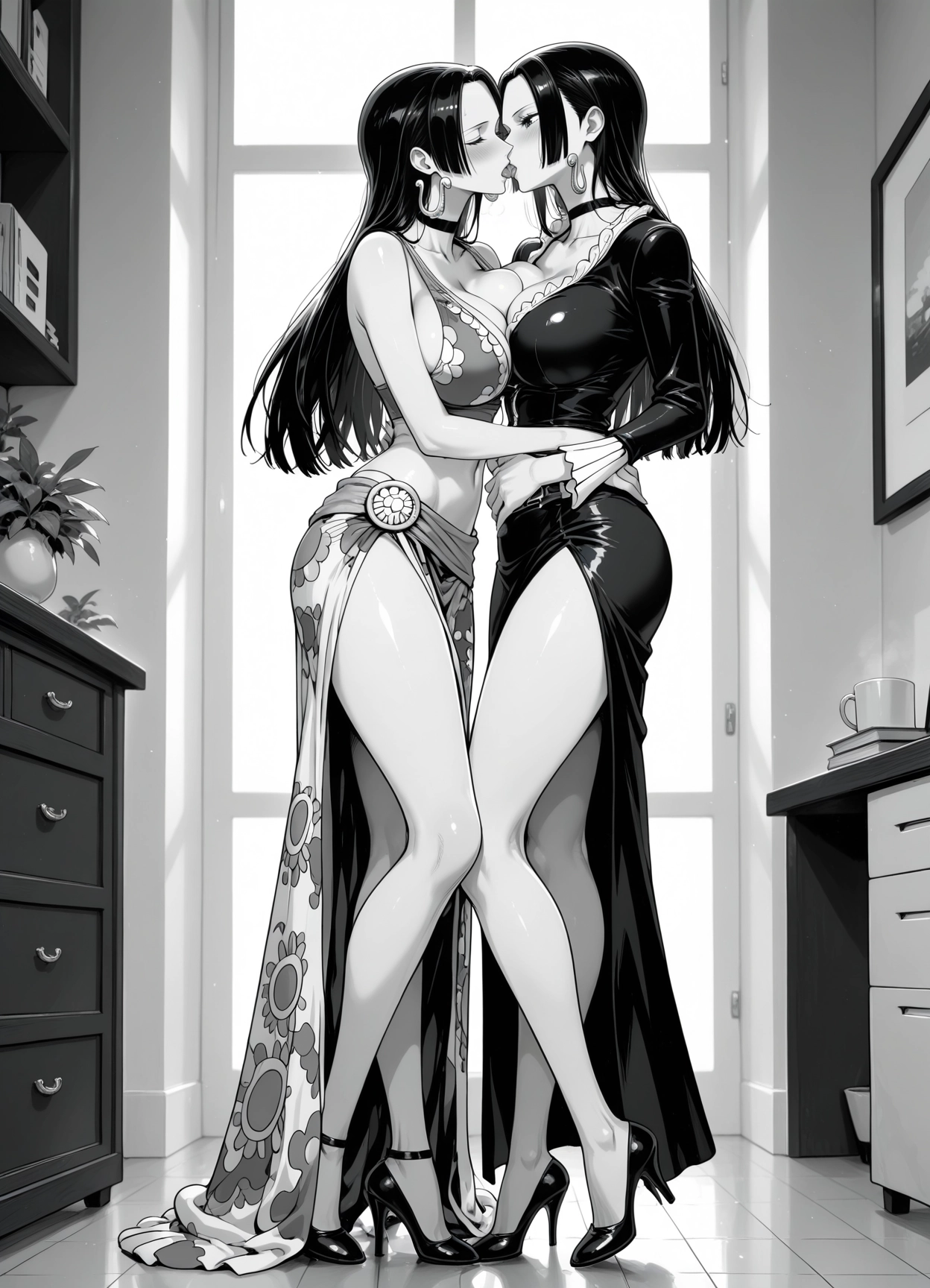 multiple girls, monochrome, greyscale, 2girls, breasts, jewelry · Yamete.gg