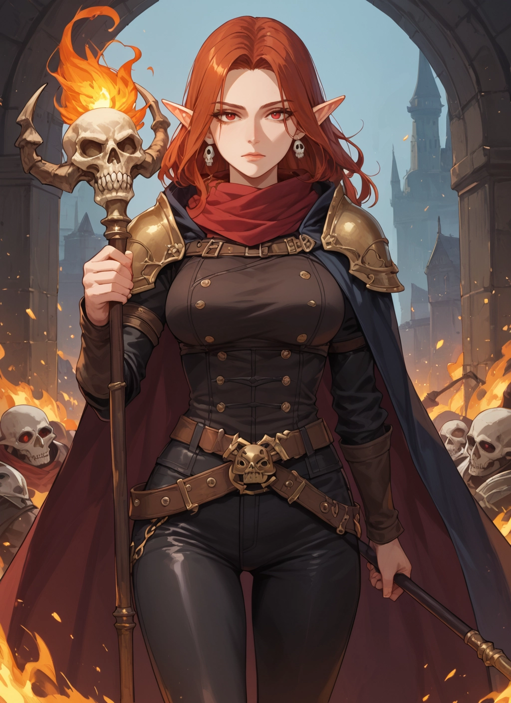 1girl, pointy ears, jewelry, earrings, red eyes, staff · Yamete.gg