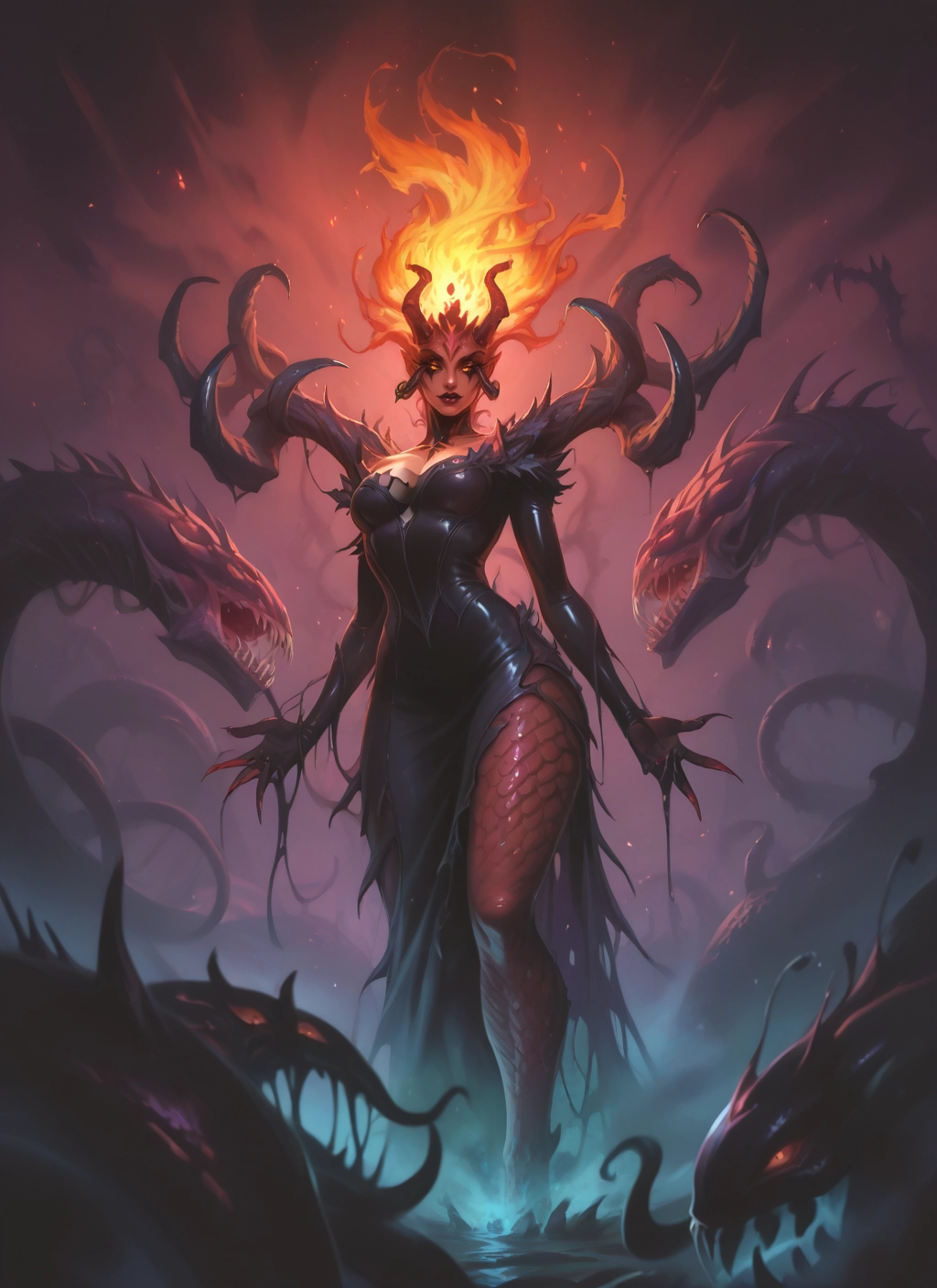 1girl, breasts, dress, horns, solo, fire · Yamete.gg