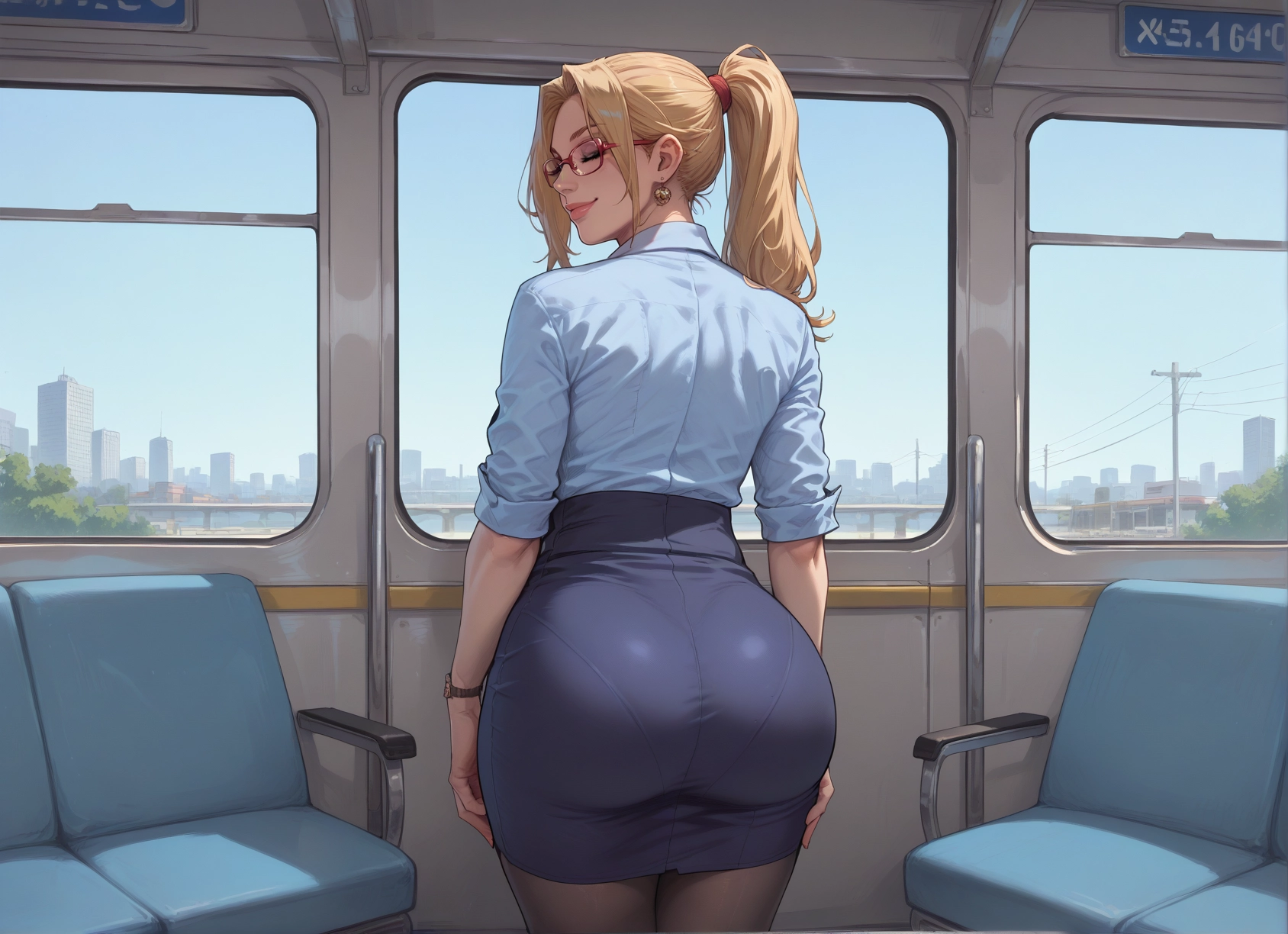 1girl, blonde hair, skirt, ass, pantyhose, solo · Yamete.gg