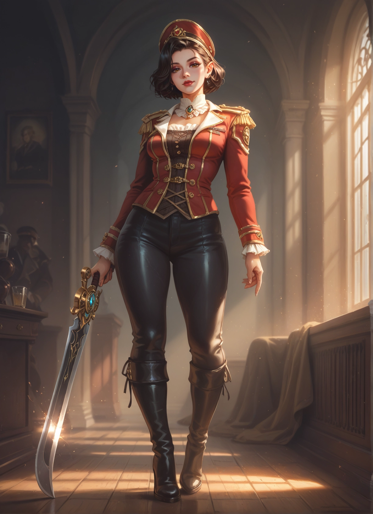 1girl, weapon, sword, boots, hat, pants · Yamete.gg