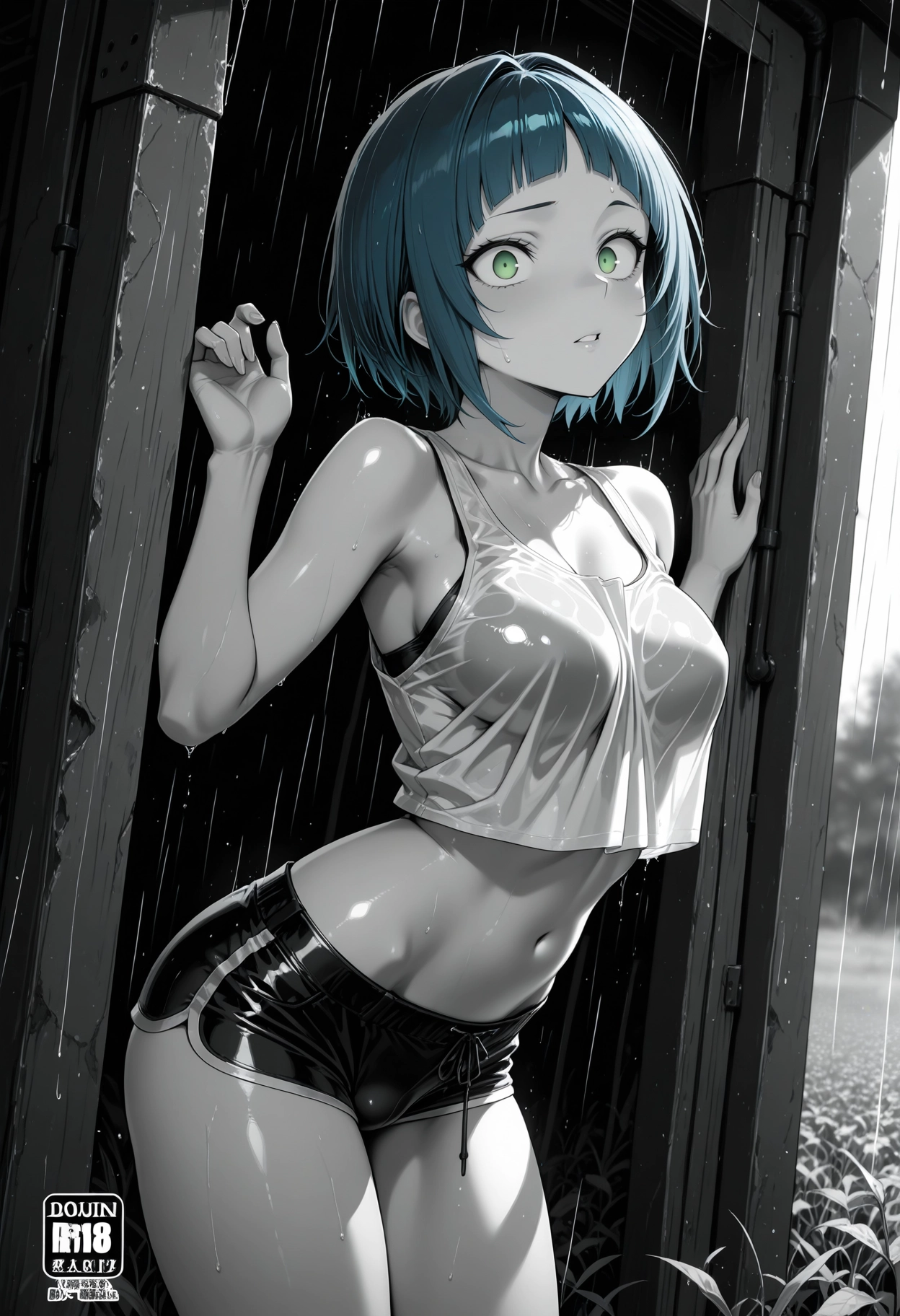1girl, solo, green eyes, shorts, breasts, rain · Yamete.gg