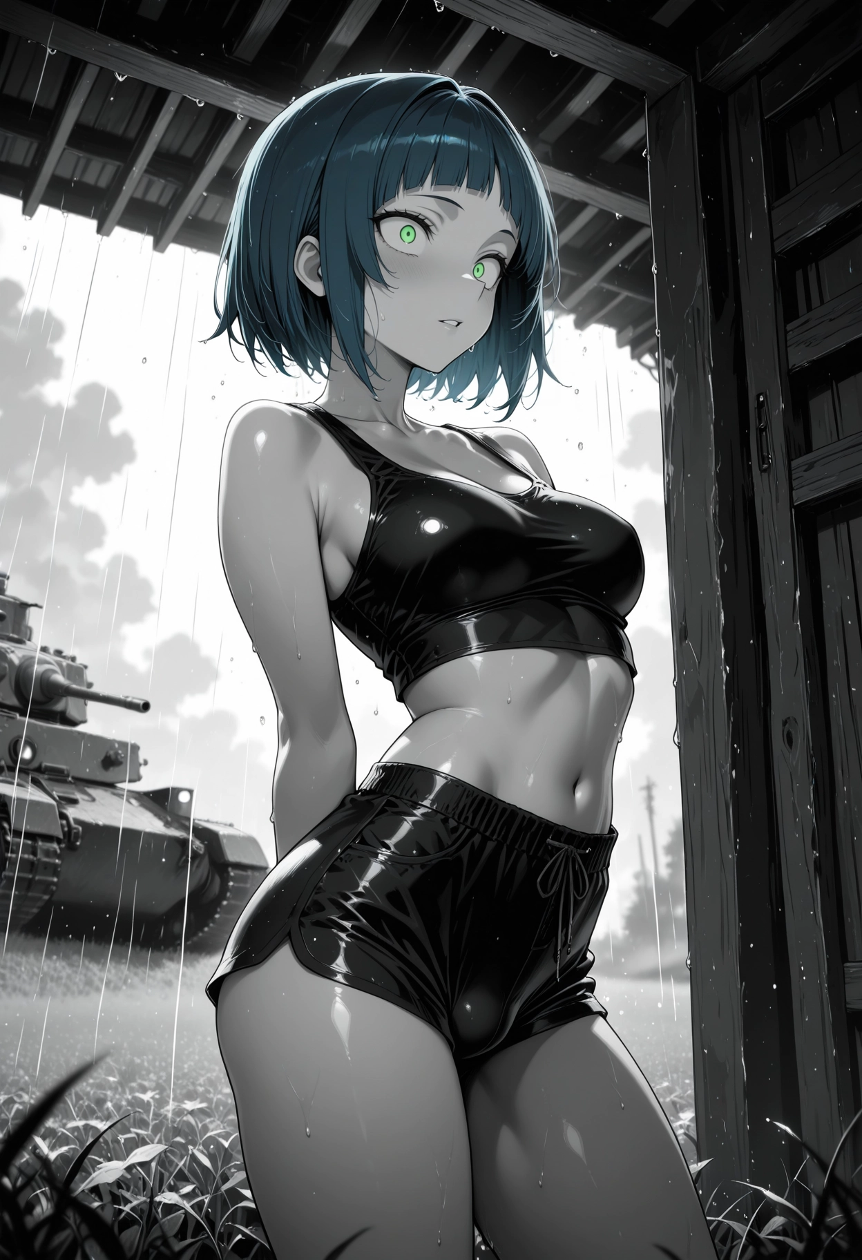 futanari, green eyes, rain, 1girl, short hair, shorts · Yamete.gg