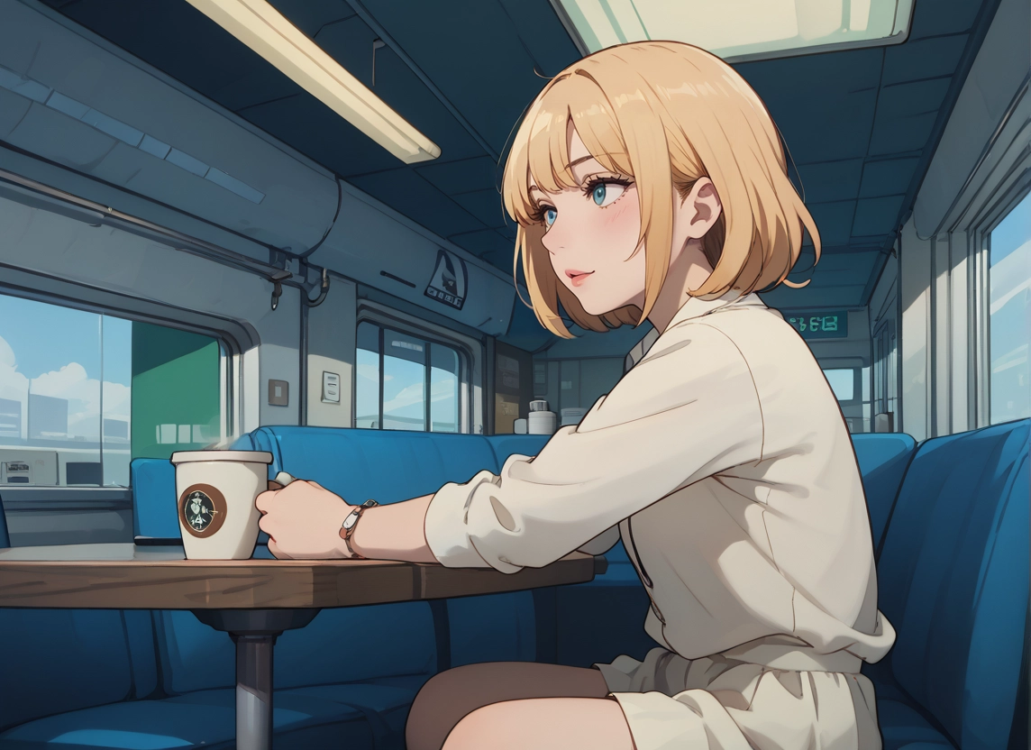 1girl, blonde hair, cup, solo, sitting, blue eyes · Yamete.gg