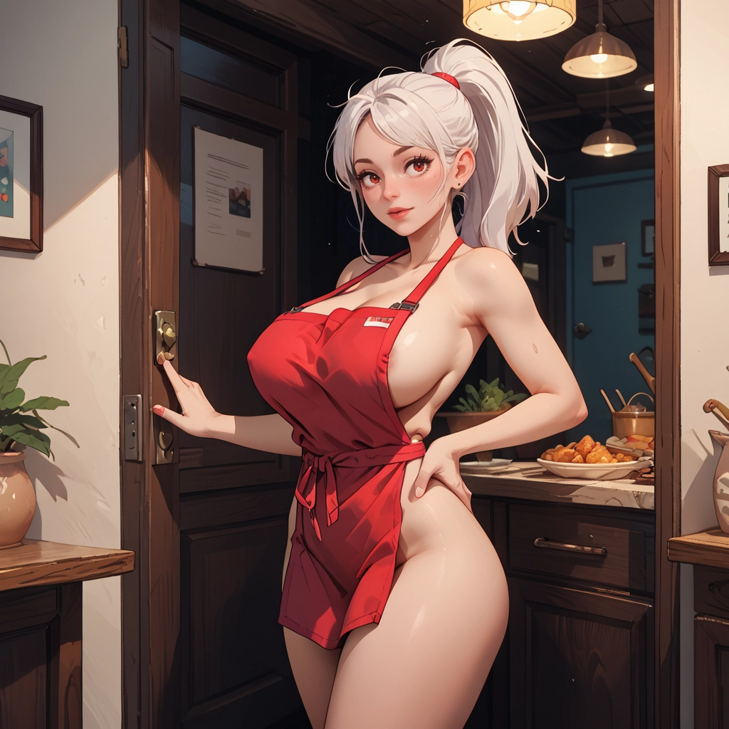 breasts, 1girl, apron, naked apron, large breasts, areolae · Yamete.gg