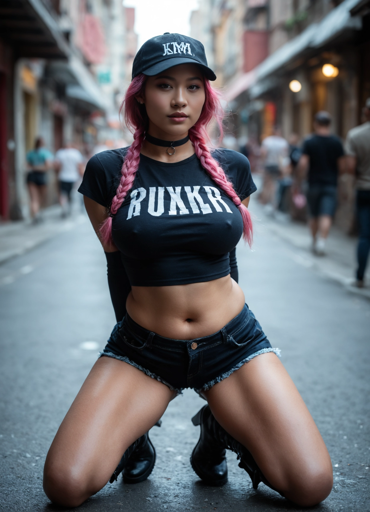 shorts, choker, blurry background, twin braids, breasts, solo focus · Yamete.gg