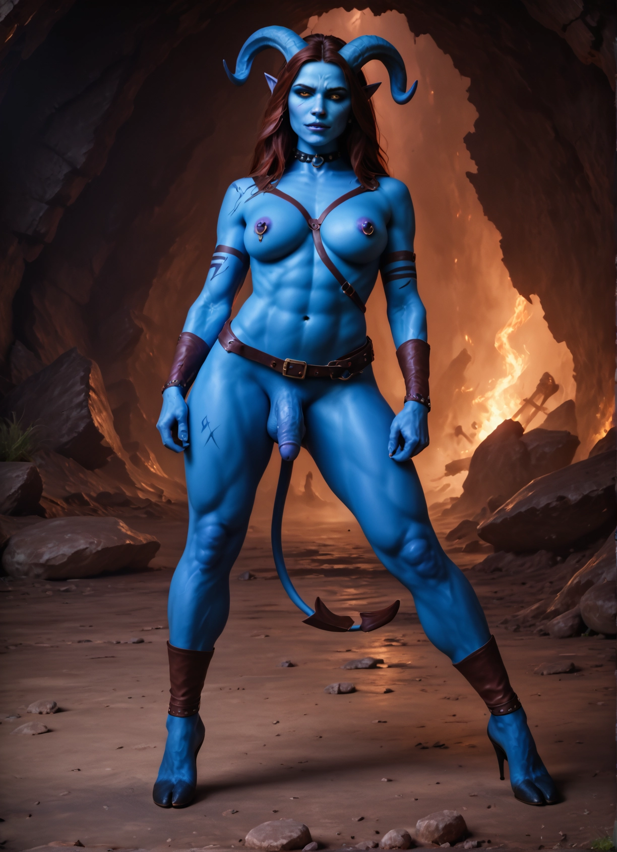 futanari, penis, horns, piercing, nipple piercing, colored skin · Yamete.gg