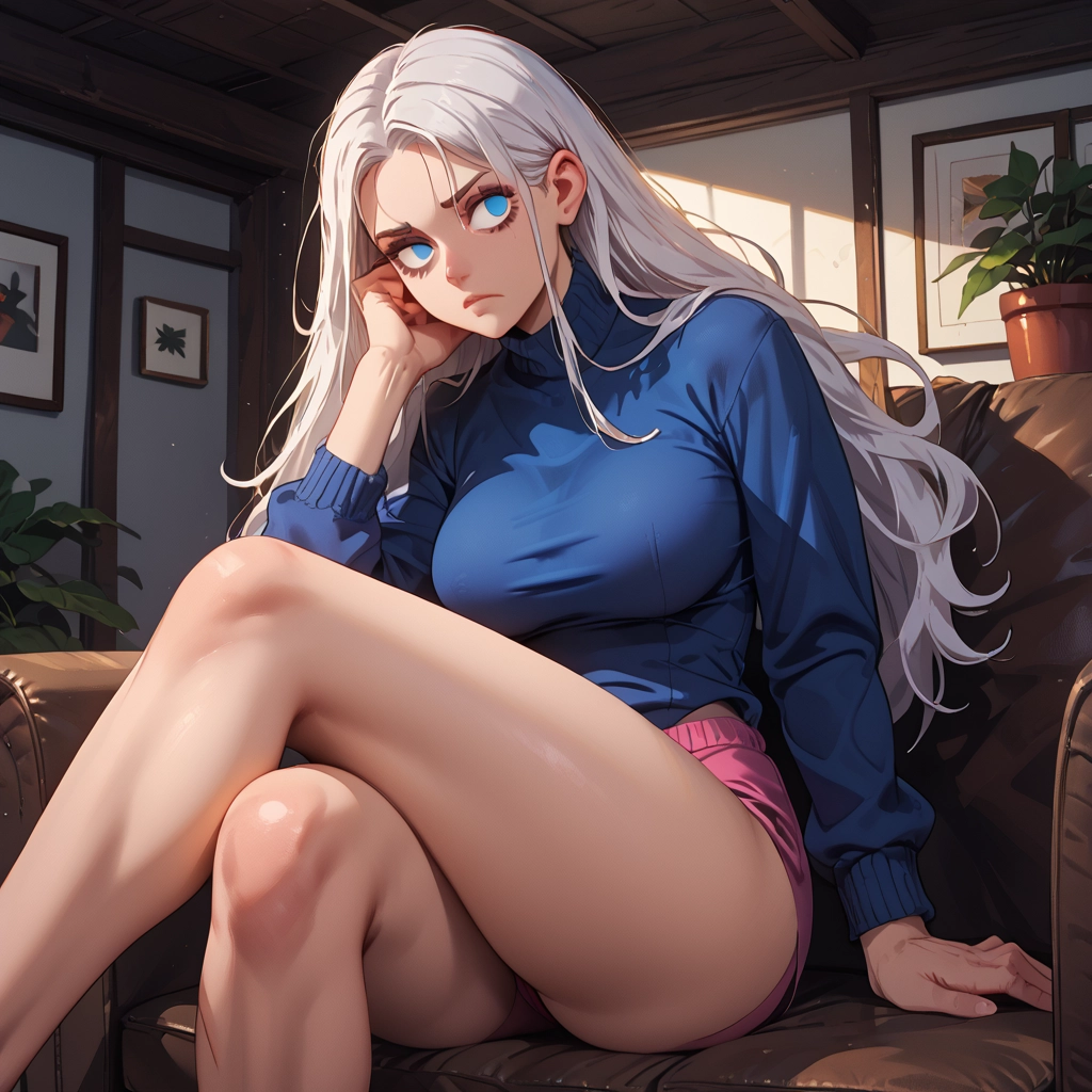 blue eyes, long hair, sitting, crossed legs, plant, breasts · Yamete.gg