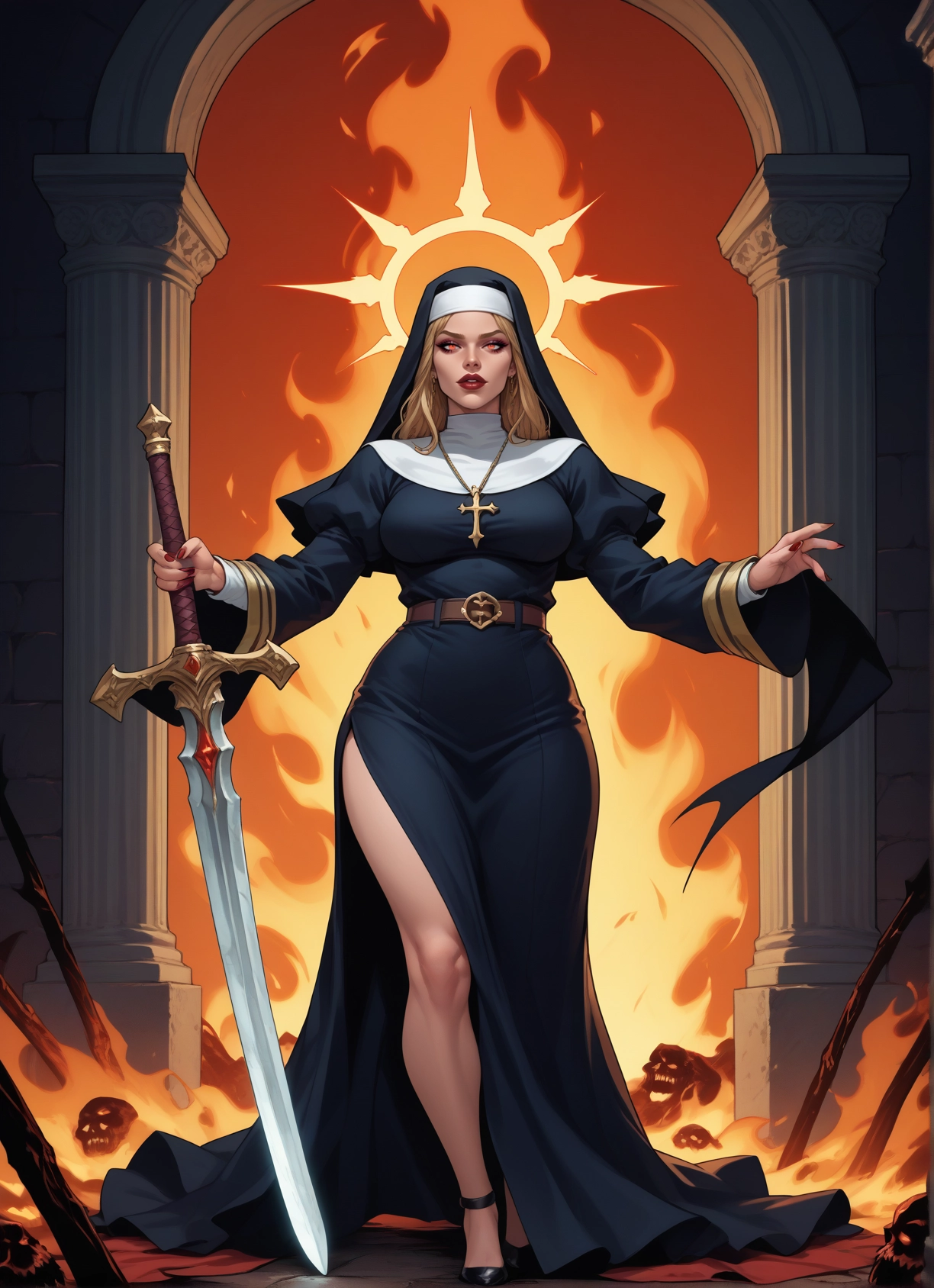 1girl, weapon, sword, nun, blonde hair, habit · Yamete.gg