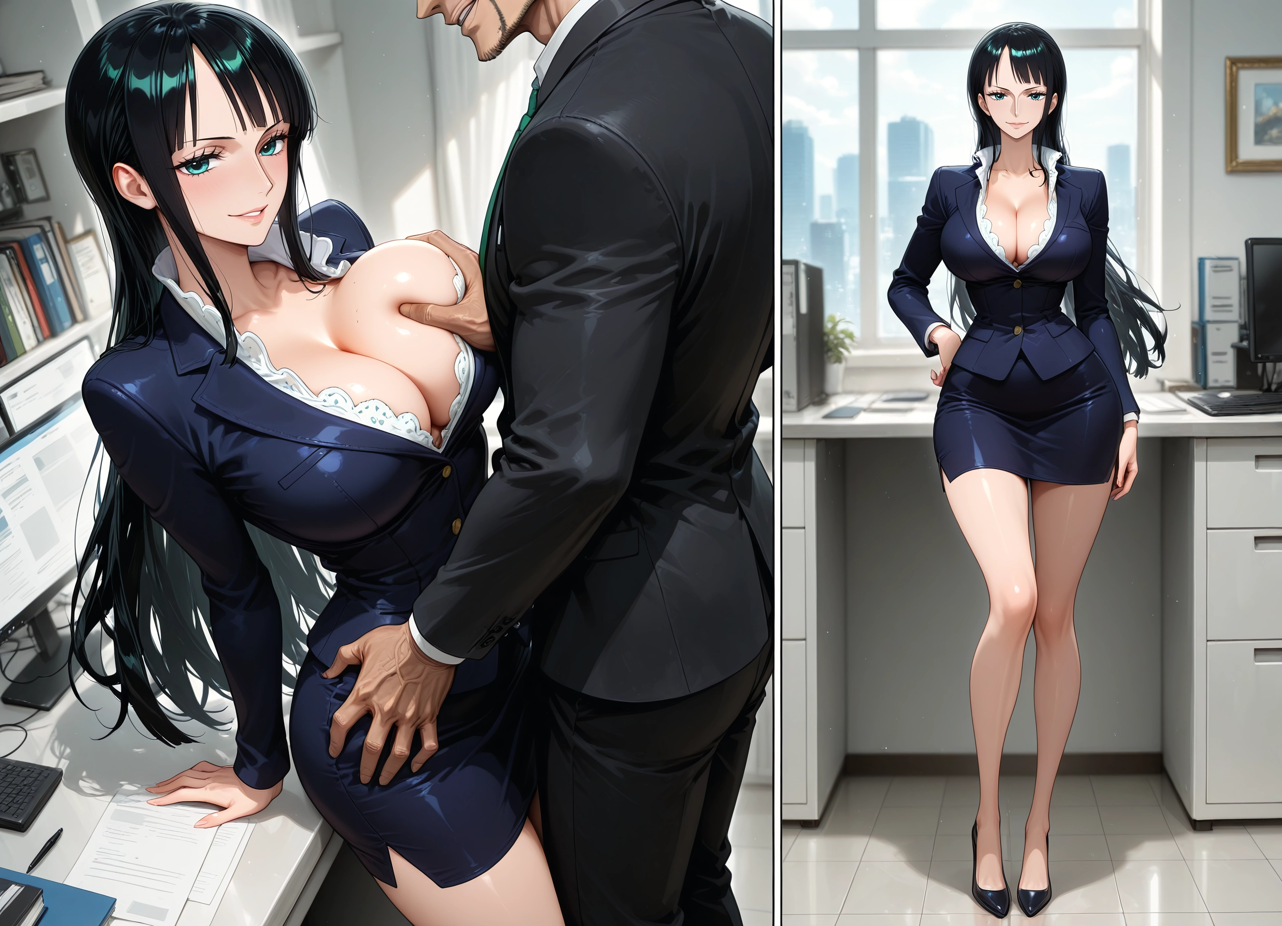 breasts, 1girl, 1boy, long hair, skirt, breast grab · Yamete.gg