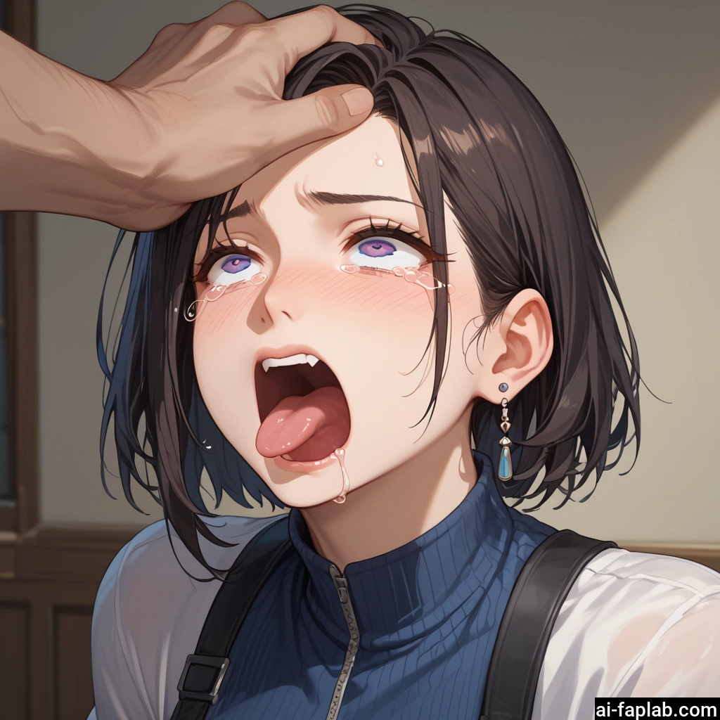 1girl, jewelry, earrings, open mouth, tongue, short hair
