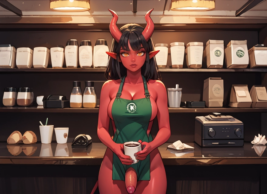 futanari, 1girl, breasts, horns, penis, apron · Yamete.gg