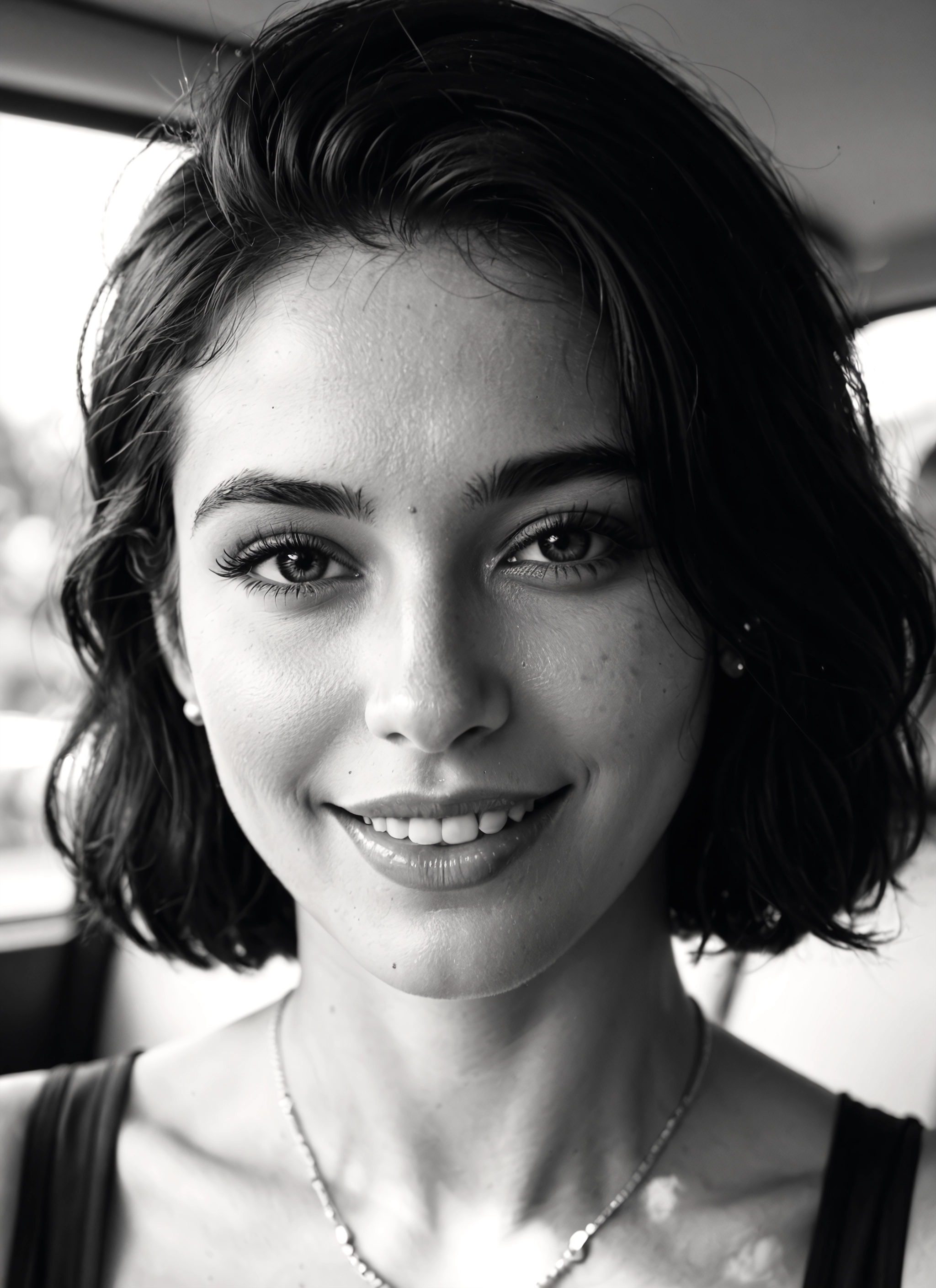monochrome, 1girl, greyscale, solo, jewelry, smile · Yamete.gg