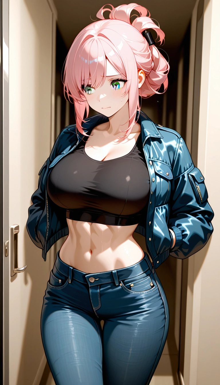 1girl, breasts, denim, solo, pink hair, pants · Yamete.gg