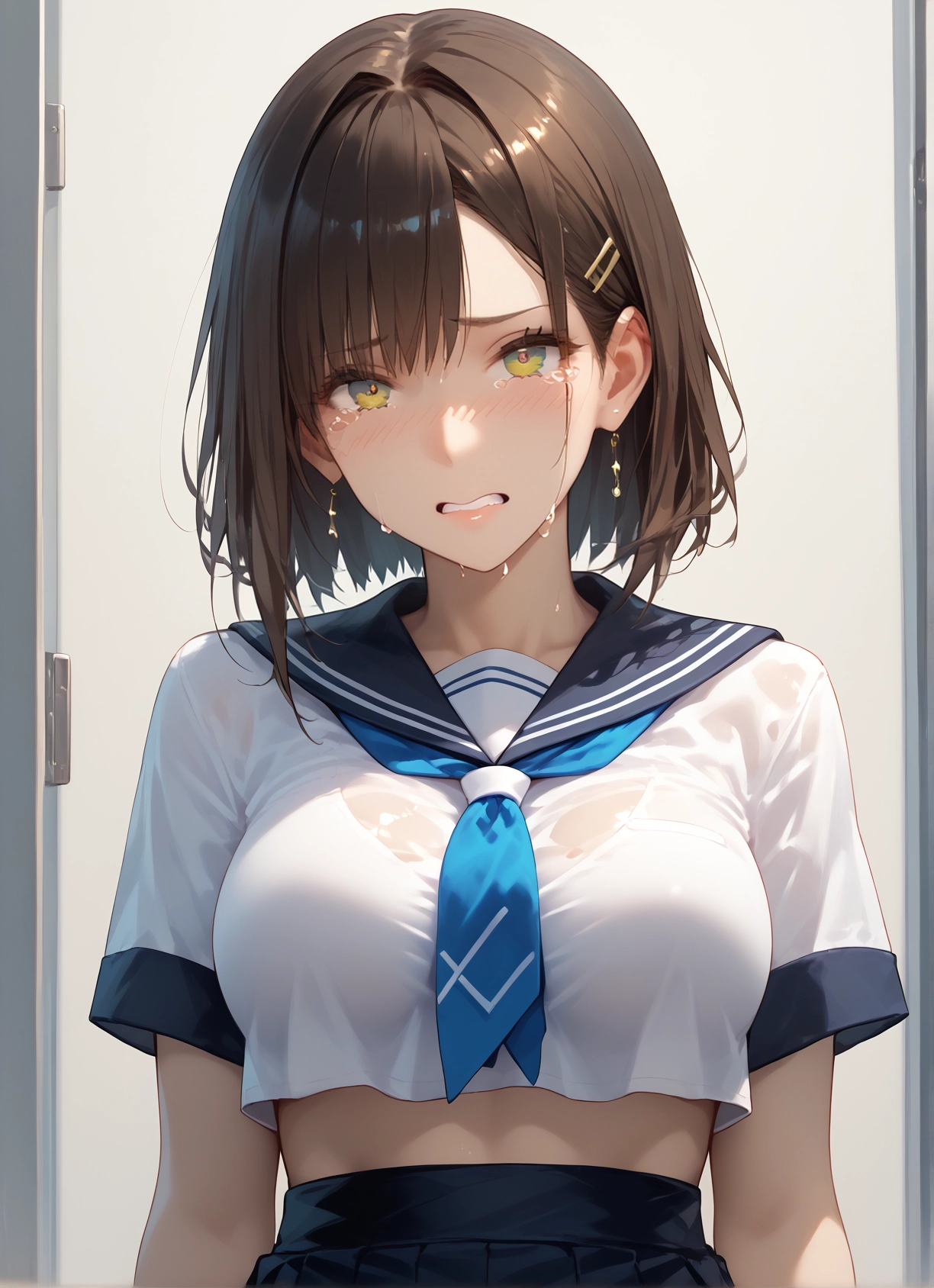 1girl, solo, school uniform, breasts, skirt, earrings · Yamete.gg