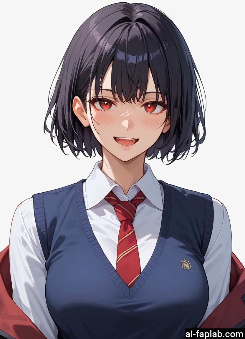 1girl, solo, necktie, open mouth, short hair, red eyes