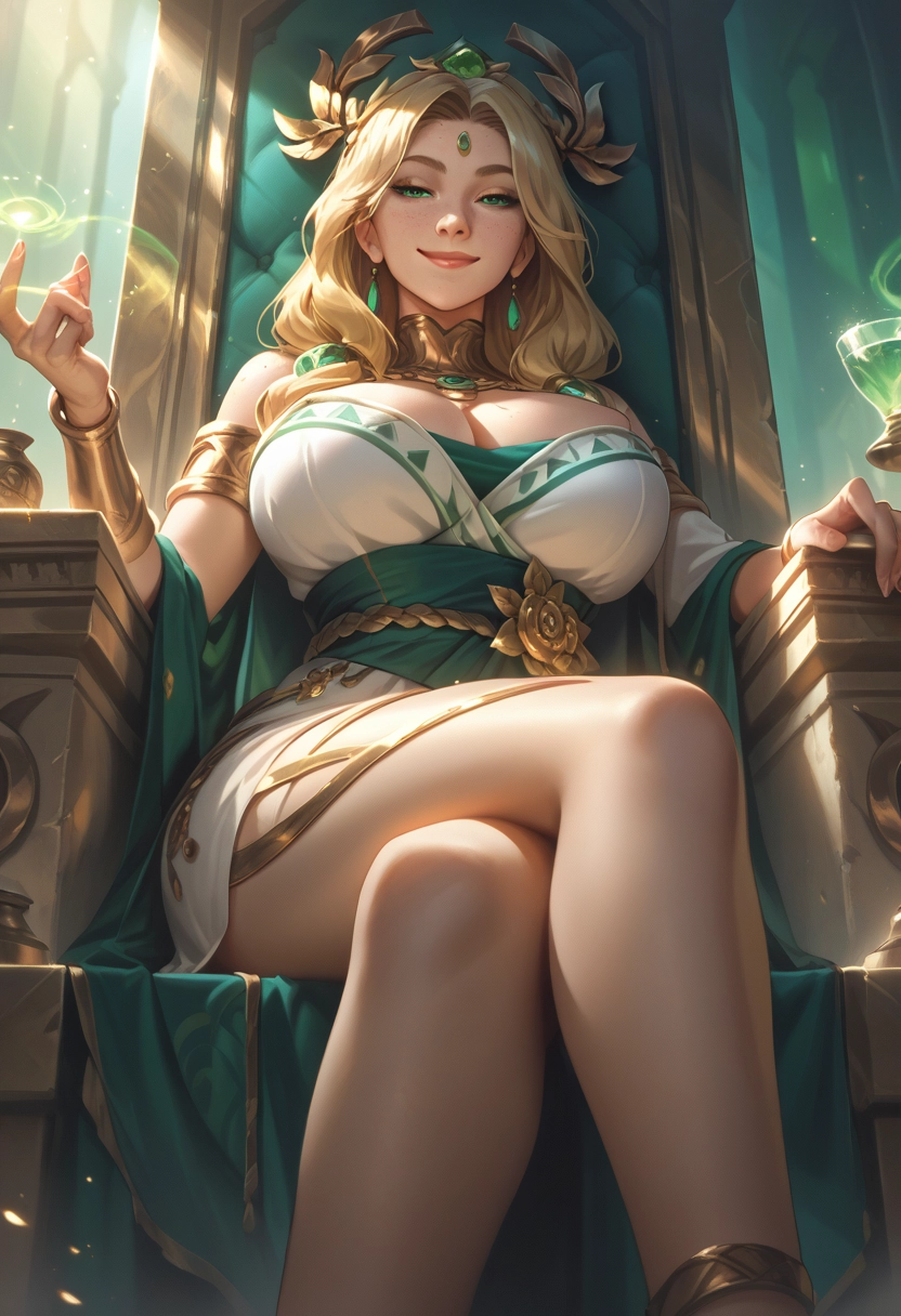 1girl, breasts, blonde hair, jewelry, sitting, crossed legs · Yamete.gg
