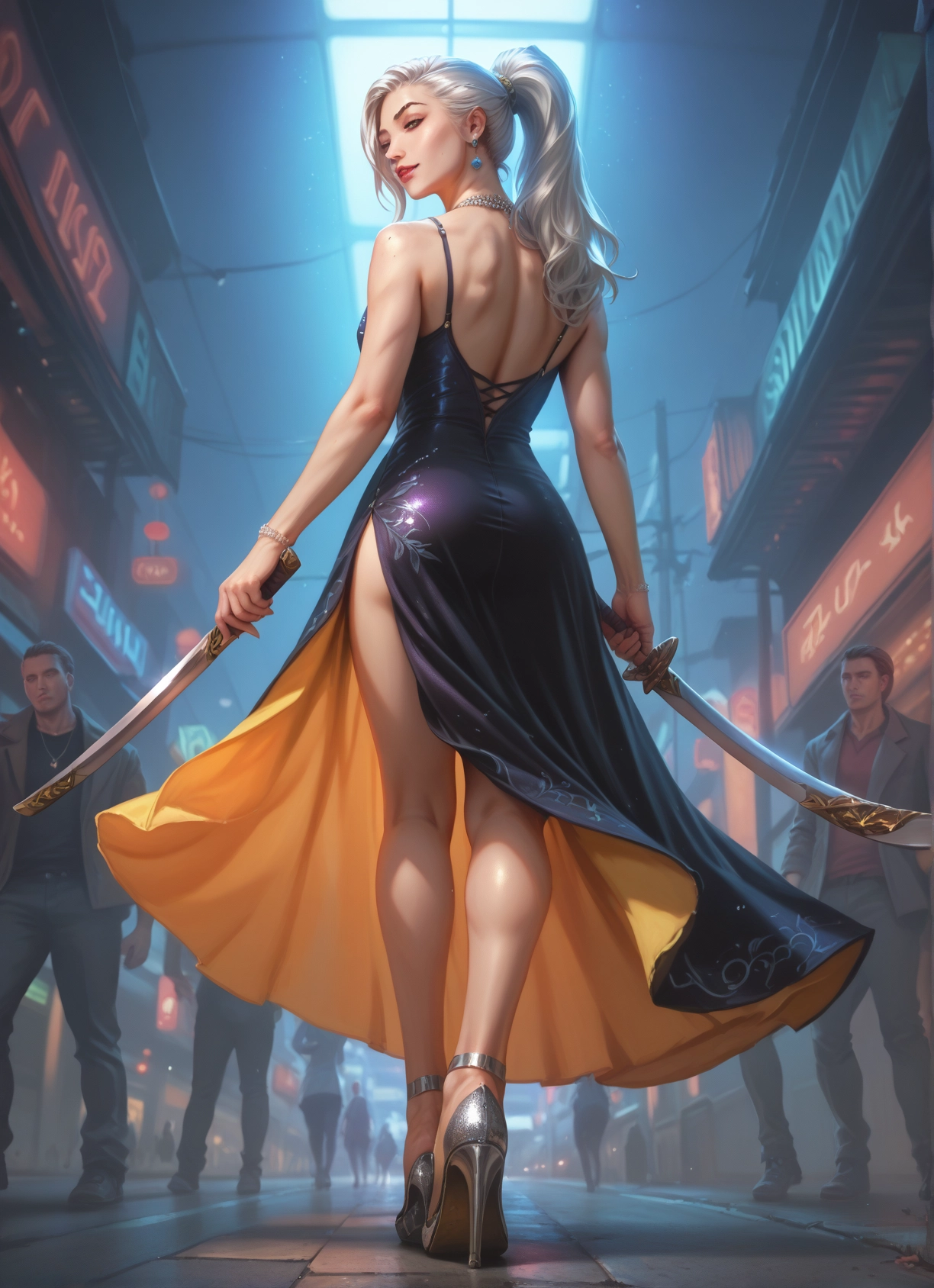 dress, weapon, high heels, jewelry, 1girl, sword · Yamete.gg
