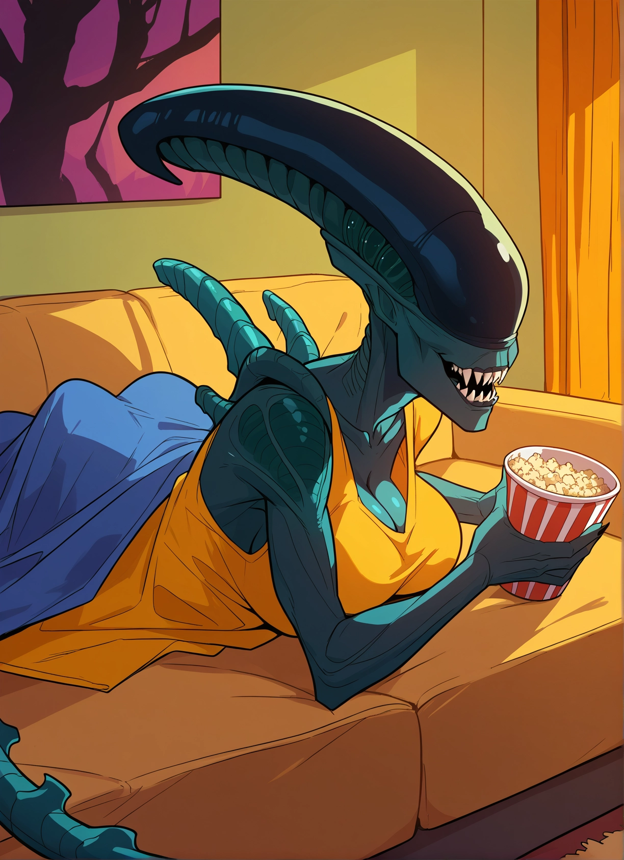 1girl, breasts, popcorn, teeth, cleavage, sharp teeth · Yamete.gg