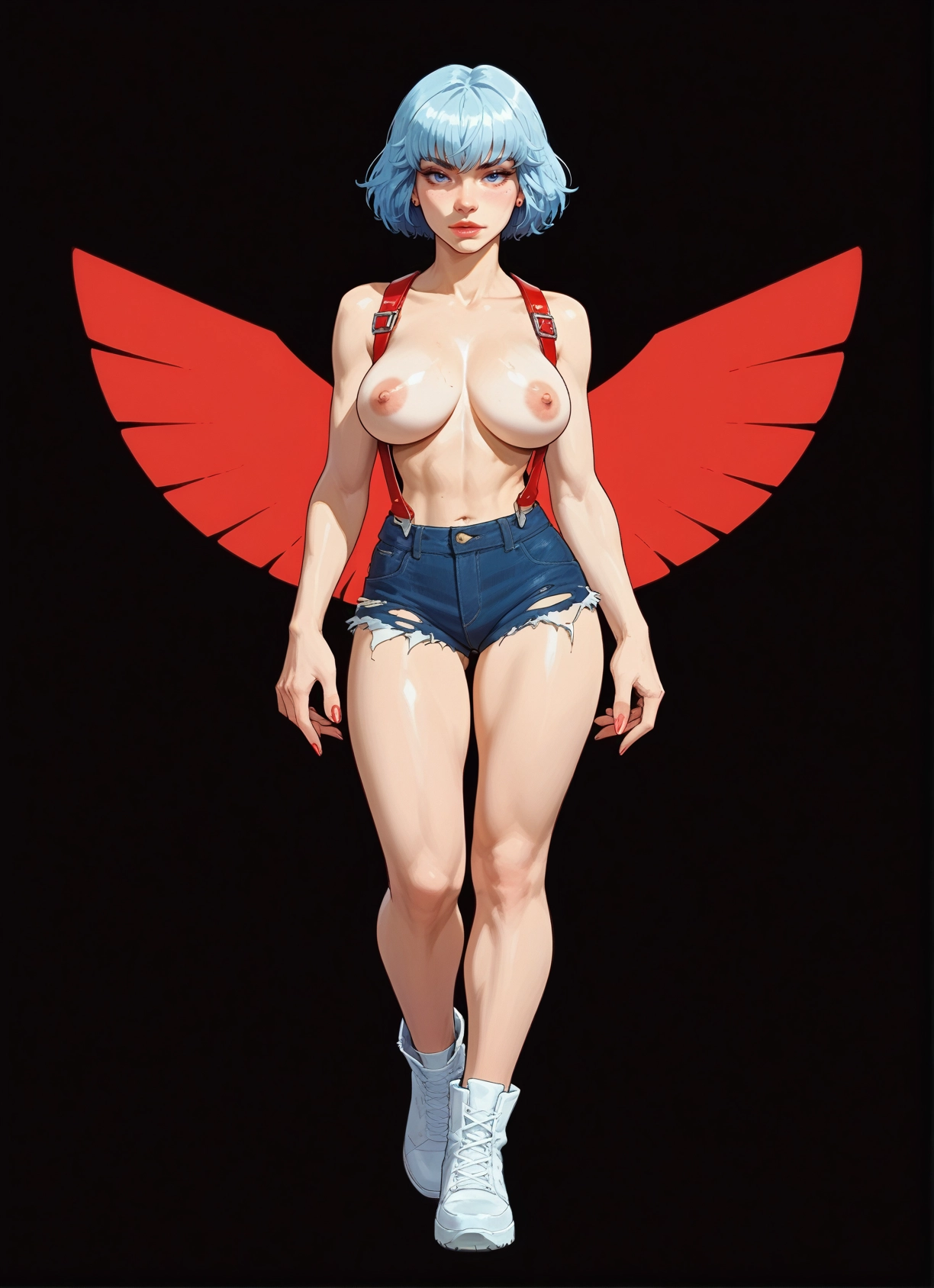 1girl, breasts, nipples, solo, shorts, blue eyes · Yamete.gg