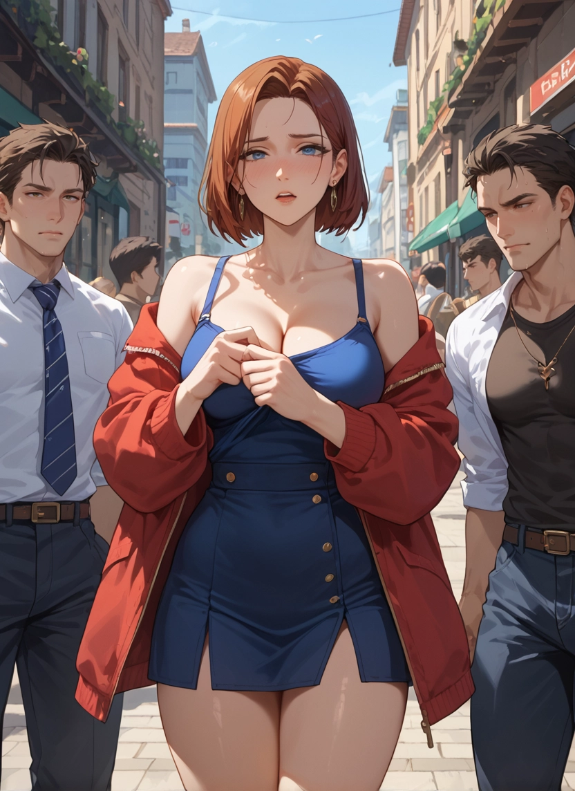breasts, 1girl, jewelry, blue eyes, earrings, multiple boys · Yamete.gg