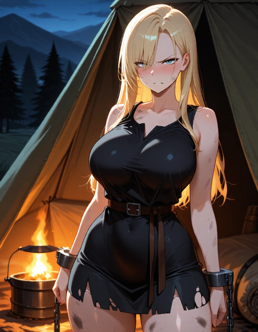 1girl, breasts, blonde hair, tent, long hair, solo · Yamete.gg
