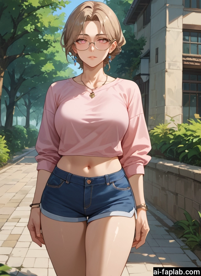 1girl, shorts, jewelry, navel, glasses, solo