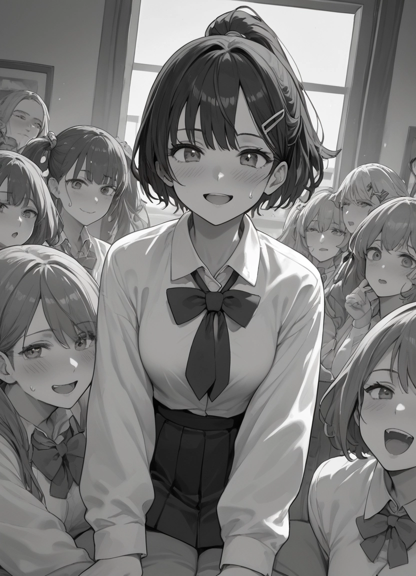 monochrome, greyscale, multiple girls, 6+girls, skirt, open mouth