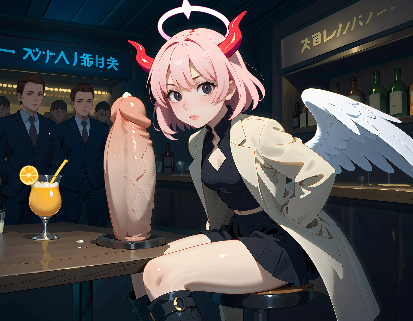 1girl, hands in pockets, horns, multiple boys, pink hair, halo · Yamete.gg