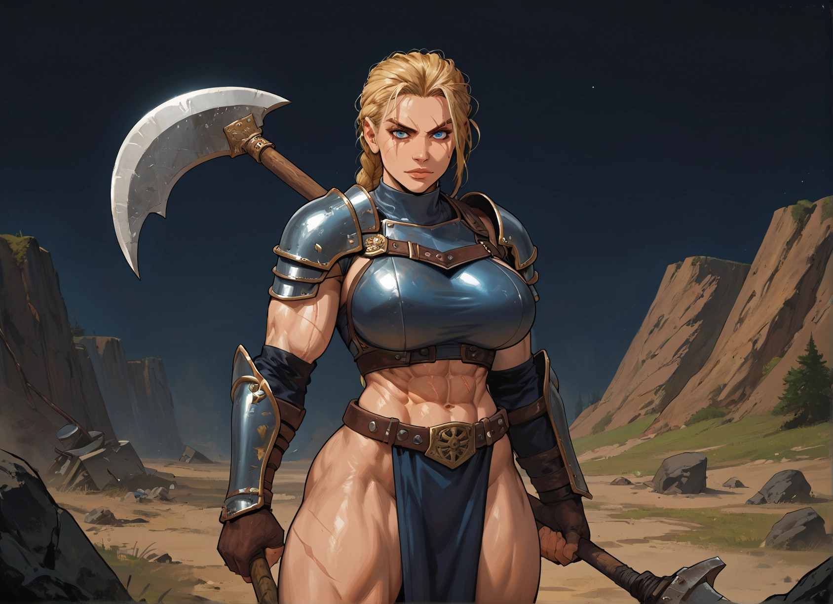 1girl, blonde hair, abs, blue eyes, breasts, muscular · Yamete.gg
